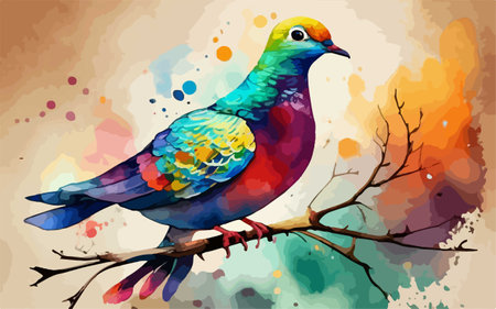 Pigeon on a branch with watercolor splashes. Vector illustration.のイラスト素材