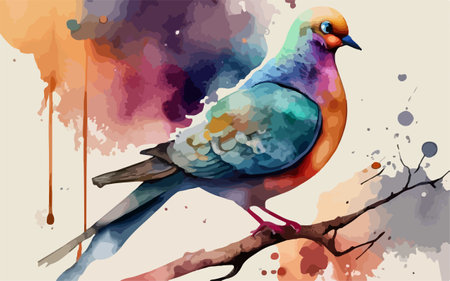 Pigeon on a branch with watercolor splashes. Vector illustration.のイラスト素材
