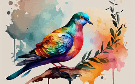 Hand drawn vector illustration of a beautiful bird on a background of watercolor splashesのイラスト素材