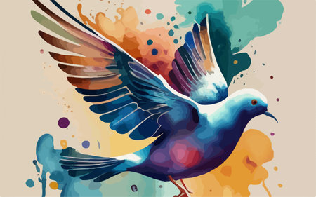 Pigeon flying on colorful watercolor background. Vector illustration.のイラスト素材