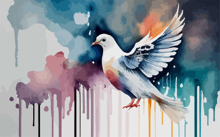 Pigeon flying over watercolor splashes. Vector illustration.のイラスト素材