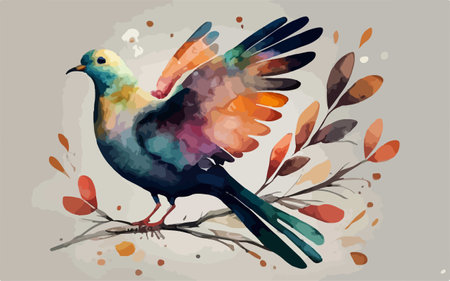 Pigeon on branch with autumn leaves. Watercolor illustration.のイラスト素材