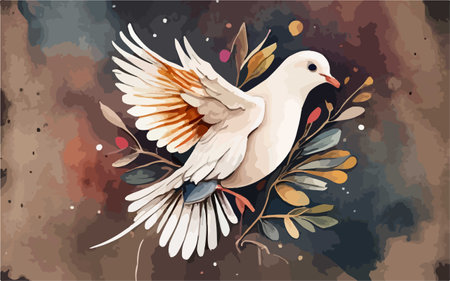 Vector illustration of a white dove with a branch on a grunge backgroundのイラスト素材