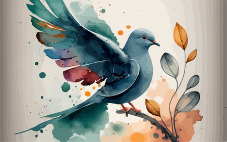 Pigeon on abstract watercolor background. Hand drawn vector illustration.のイラスト素材