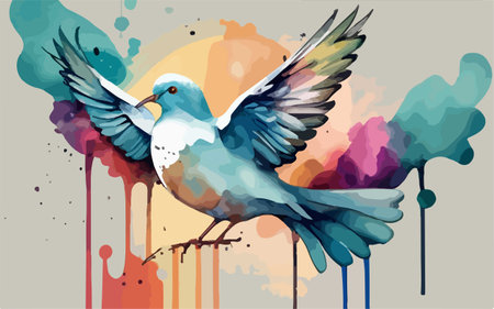 Pigeon flying on colorful watercolor background. Vector illustration.のイラスト素材