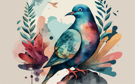 Watercolor vector illustration of a pigeon on a background of flowers.のイラスト素材