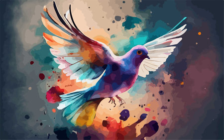 Pigeon flying on a colorful watercolor splash background. Vector illustration.のイラスト素材
