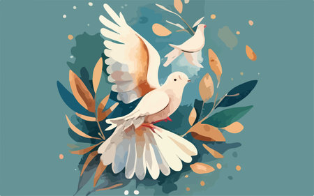 Pigeon with olive branch and leaves. Hand drawn vector illustration.のイラスト素材