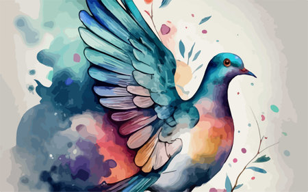 Hand drawn vector illustration of a pigeon on a watercolor background.のイラスト素材
