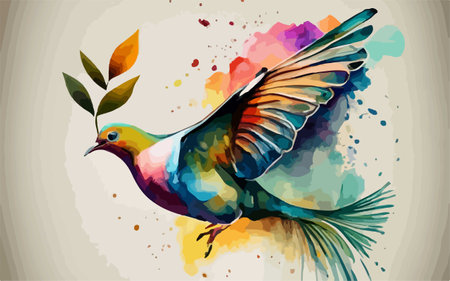 Pigeon with olive branch on colorful watercolor splashes backgroundのイラスト素材