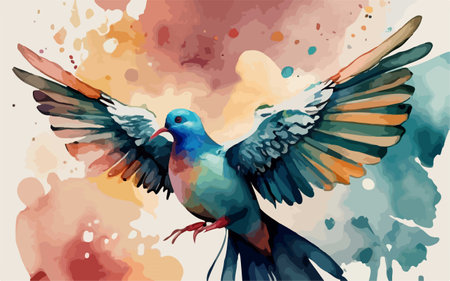 Pigeon flying on abstract watercolor background. Vector illustration.のイラスト素材