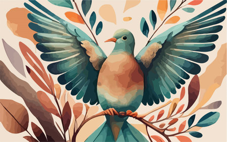 Pigeon on a branch with leaves. Colorful vector illustration.のイラスト素材