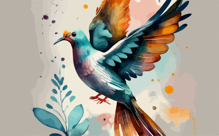 Vector watercolor illustration of a dove on a multicolored backgroundのイラスト素材