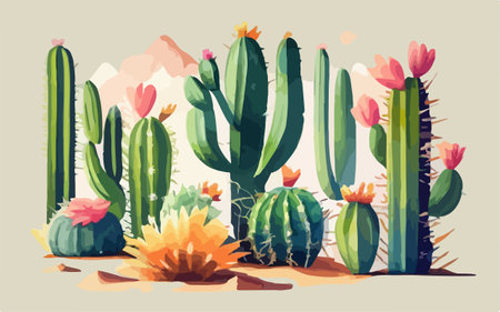 Cactuses and flowers in desert. Vector illustration in flat styleのイラスト素材