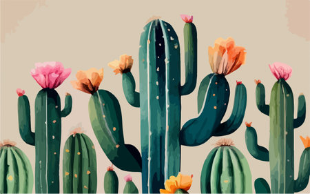 Cactus with flowers in watercolor style. Hand drawn vector illustration.のイラスト素材