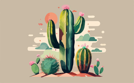 Cactuses in the desert. Vector illustration in flat style.のイラスト素材