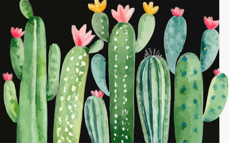 Cactuses and flowers on black background. Hand drawn vector illustration.のイラスト素材