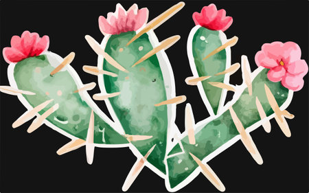 Watercolor cactuses on a black background. Vector illustration.のイラスト素材