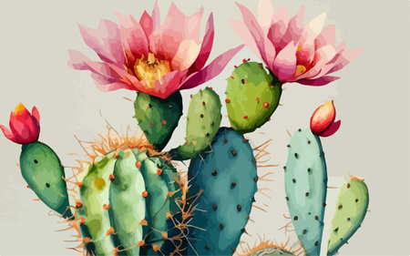 Illustration of a cactus with flowers on a light background.のイラスト素材