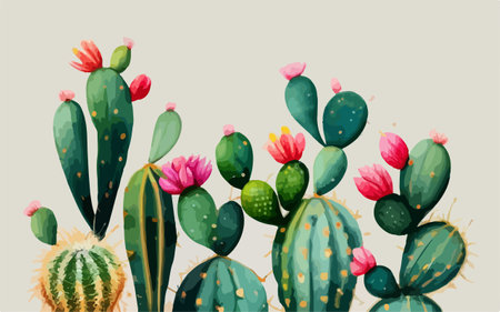 Cactuses and flowers. Vector illustration in watercolor style.のイラスト素材