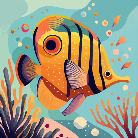 Cute cartoon fish on the background of the sea. Vector illustrationのイラスト素材