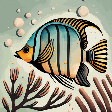 Cute cartoon fish on the background of the sea. Vector illustrationのイラスト素材
