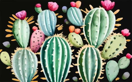 Cactuses on black background. Watercolor hand drawn illustration.のイラスト素材