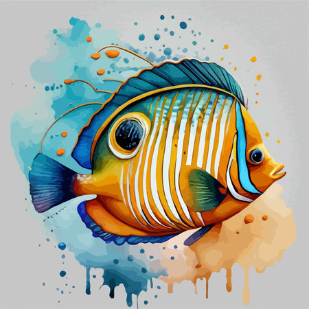 Cute cartoon fish on watercolor splash background. Vector illustration.のイラスト素材