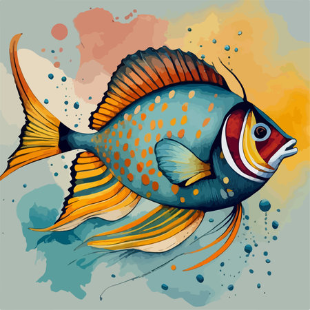 Illustration of a blue fish on a colorful watercolor background.のイラスト素材