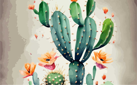 Cactuses with flowers and hummingbird. Illustration for your designのイラスト素材