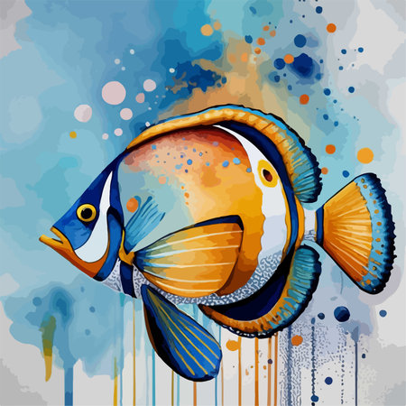 Illustration of an exotic fish on a blue watercolor background.のイラスト素材