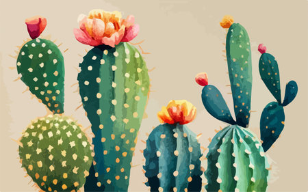 Cactuses with flowers in watercolor style. Vector illustration.のイラスト素材