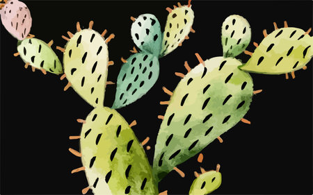 Cactuses seamless pattern on black background. Watercolor illustration.のイラスト素材