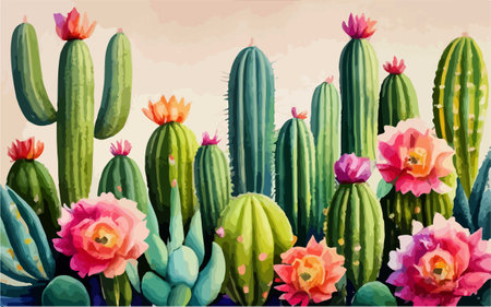 Cactuses and flowers in the garden. Watercolor illustration.のイラスト素材