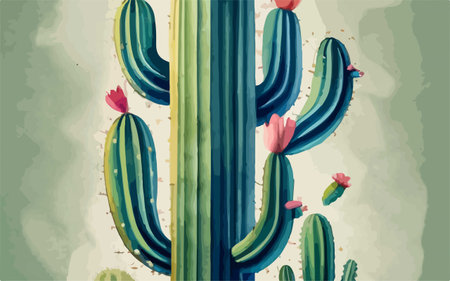 Cactus with flowers. Watercolor hand drawn illustration. Vector.のイラスト素材