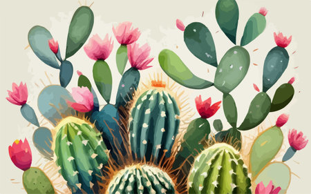 Cactuses background. Vector illustration of cacti with pink flowers.のイラスト素材