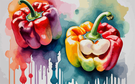 Illustration of red and yellow peppers with watercolor splashes.のイラスト素材