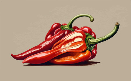 Illustration of red and yellow hot peppers on a gray background.のイラスト素材