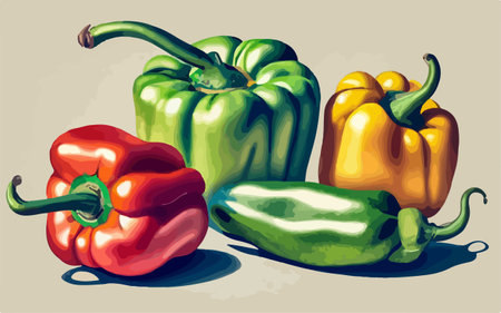 Illustration of a set of red, green and yellow peppers.のイラスト素材