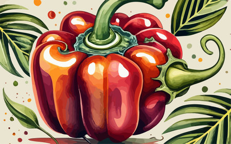 Illustration of paprika with leaves and watercolor splashes.のイラスト素材