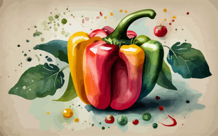 Illustration of paprika with green leaves and watercolor splashesのイラスト素材