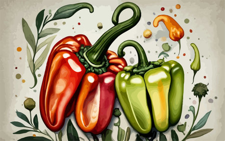 Illustration of paprika with green, red and yellow peppers.のイラスト素材