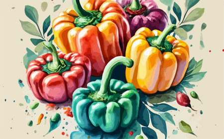 Illustration of bell peppers with green leaves and watercolor splashesのイラスト素材