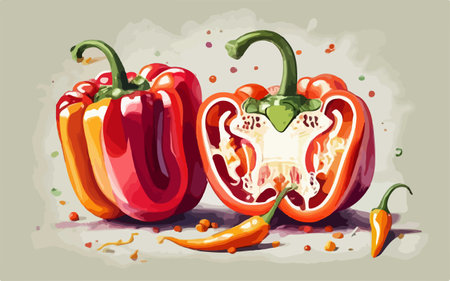 Vector illustration of paprika. Red and yellow bell pepper. Vegetarian food.のイラスト素材