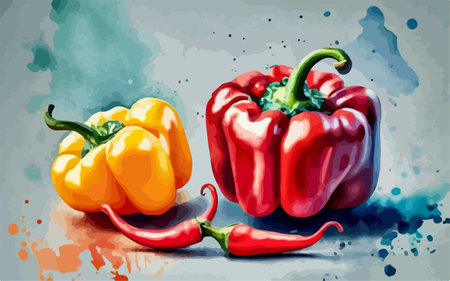 Red and yellow peppers on a watercolor background. Vector illustration.のイラスト素材