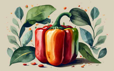 Illustration of red and yellow peppers with leaves on a light backgroundのイラスト素材