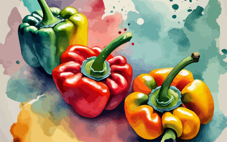 Colorful peppers on watercolor background. Hand drawn vector illustration.のイラスト素材