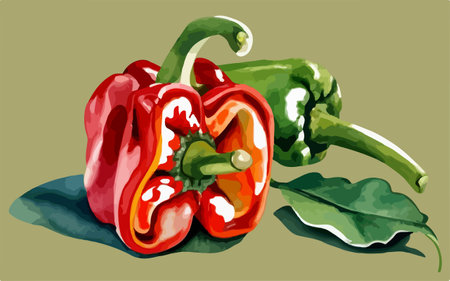 Illustration of red and green peppers with leaves on a green backgroundのイラスト素材