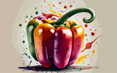 Illustration of a bell pepper on a grunge background with splashesのイラスト素材