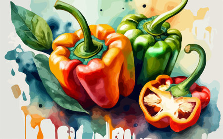 Illustration of colorful peppers on watercolor background. Vector illustration.のイラスト素材